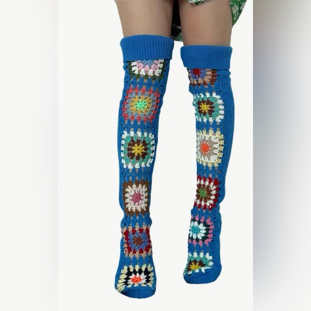 BLUE Granny Square Crochet Over the Knee Socks - Picture 2 of 2